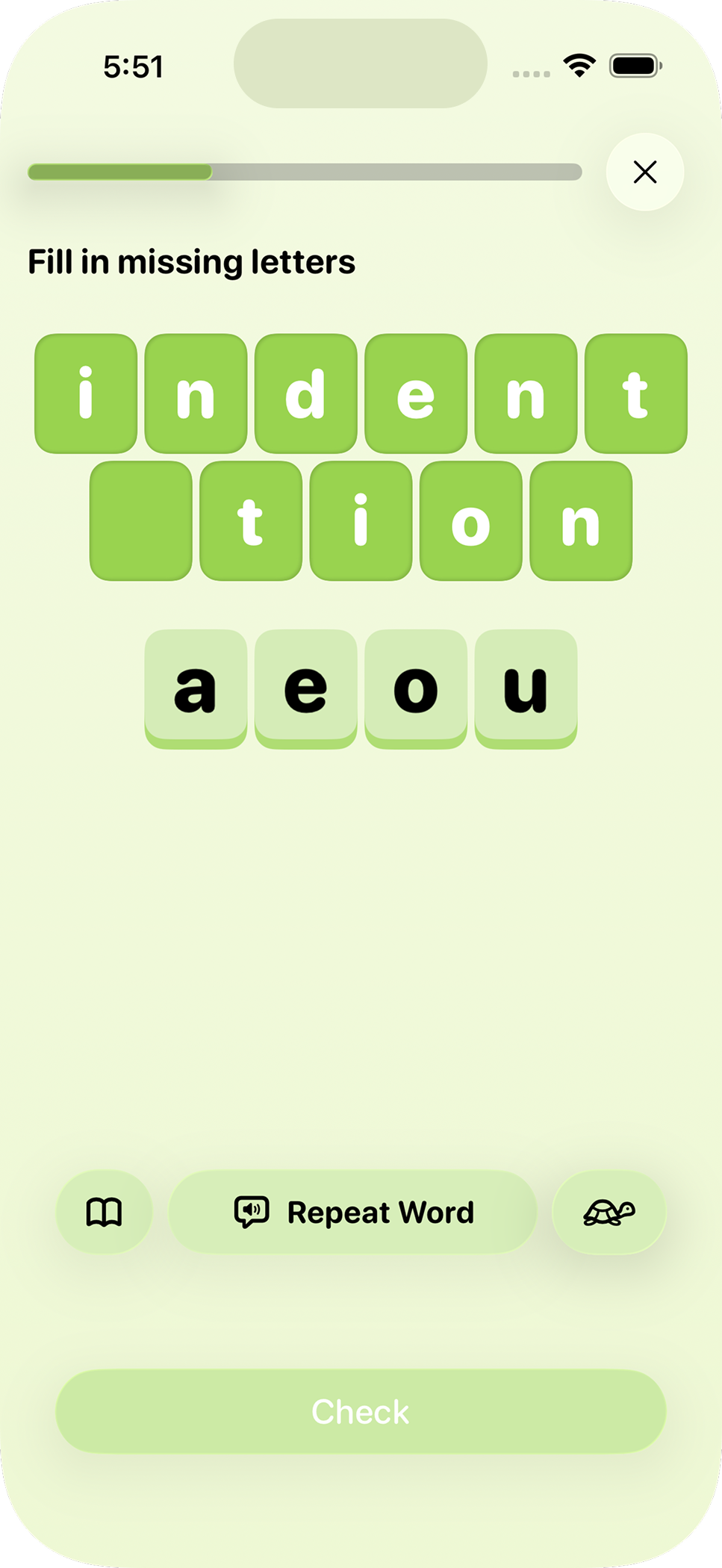 Beezy spelling practice screen on iPhone